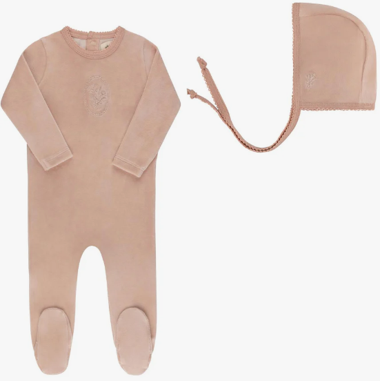 ELY & CO VELOUR FLORAL FOOTIE W/BONNET (3M-6M)