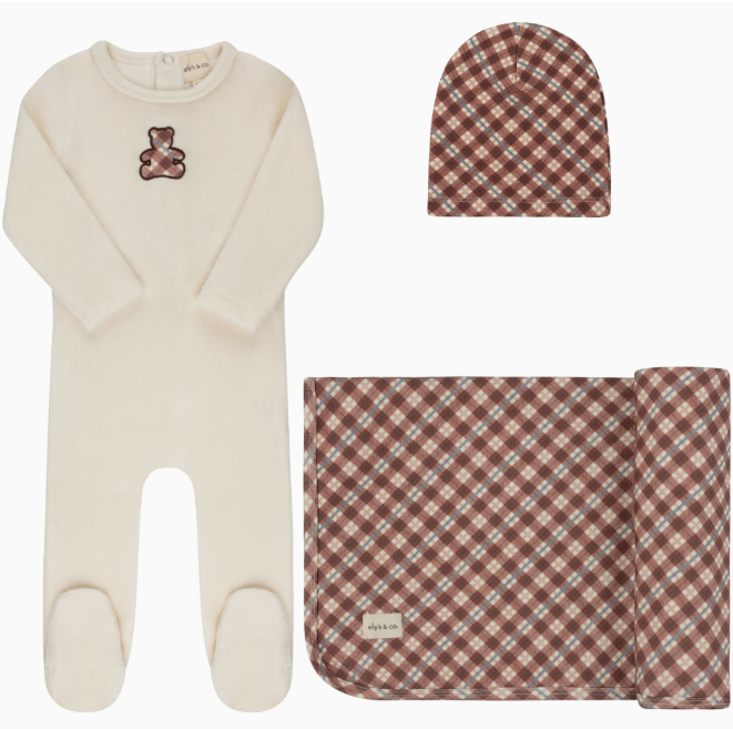 ELY & CO VELOUR PLAID BEAR TAKE ME HOME SET (3M-6M)