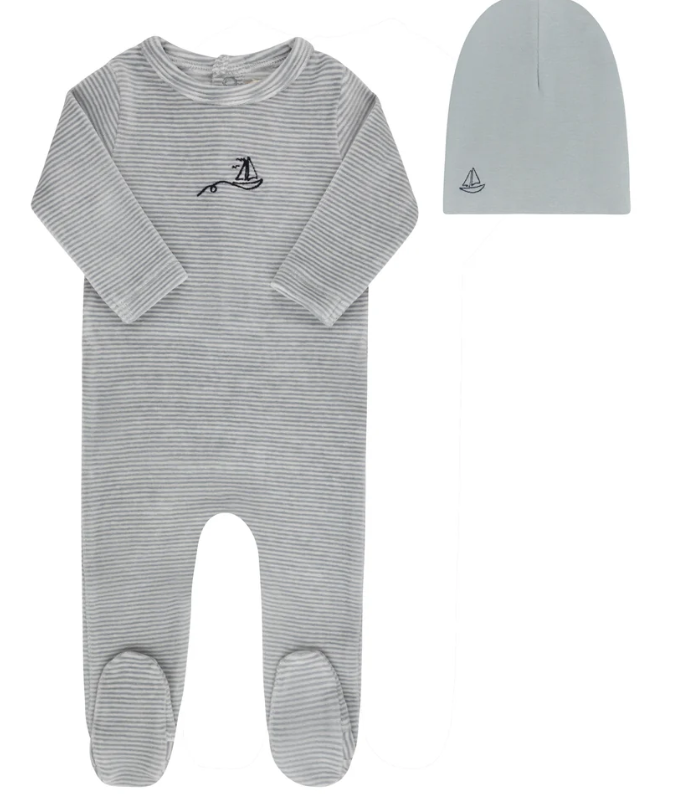 ELY & CO VELOUR STRIPE FOOTIE W/BONNET (3M-9M)