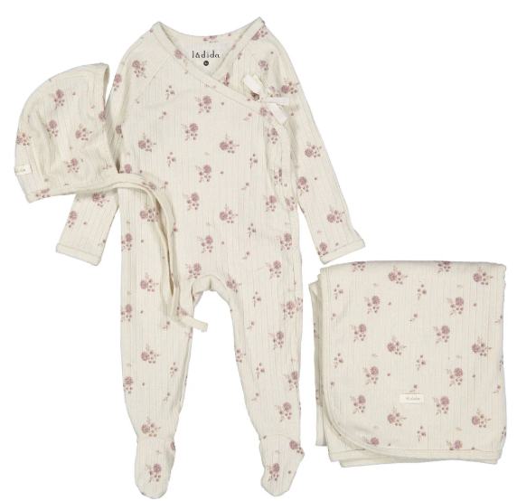LADIDA BUD PRINT WRAP TIE W/HAT & BLANKET(3M-6M)