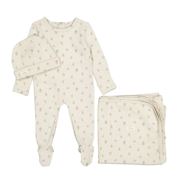LADIDA PEAR PRINT STRETCHIE W/HAT & BLANKET(3M-6M)