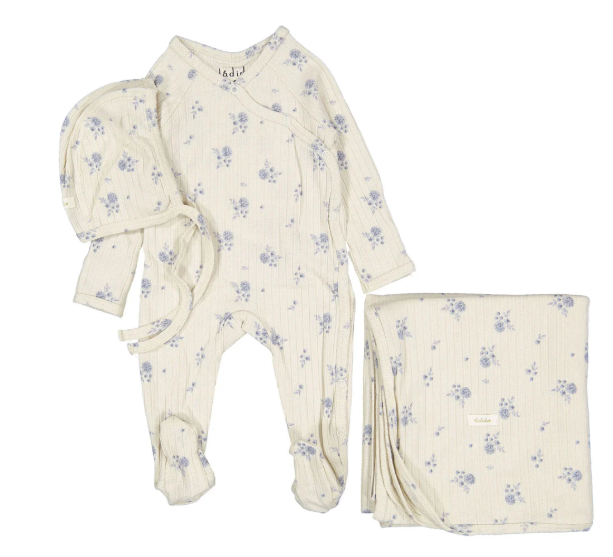 LADIDA BUD PRINT WRAP TIE W/HAT & BLANKET(3M-6M)
