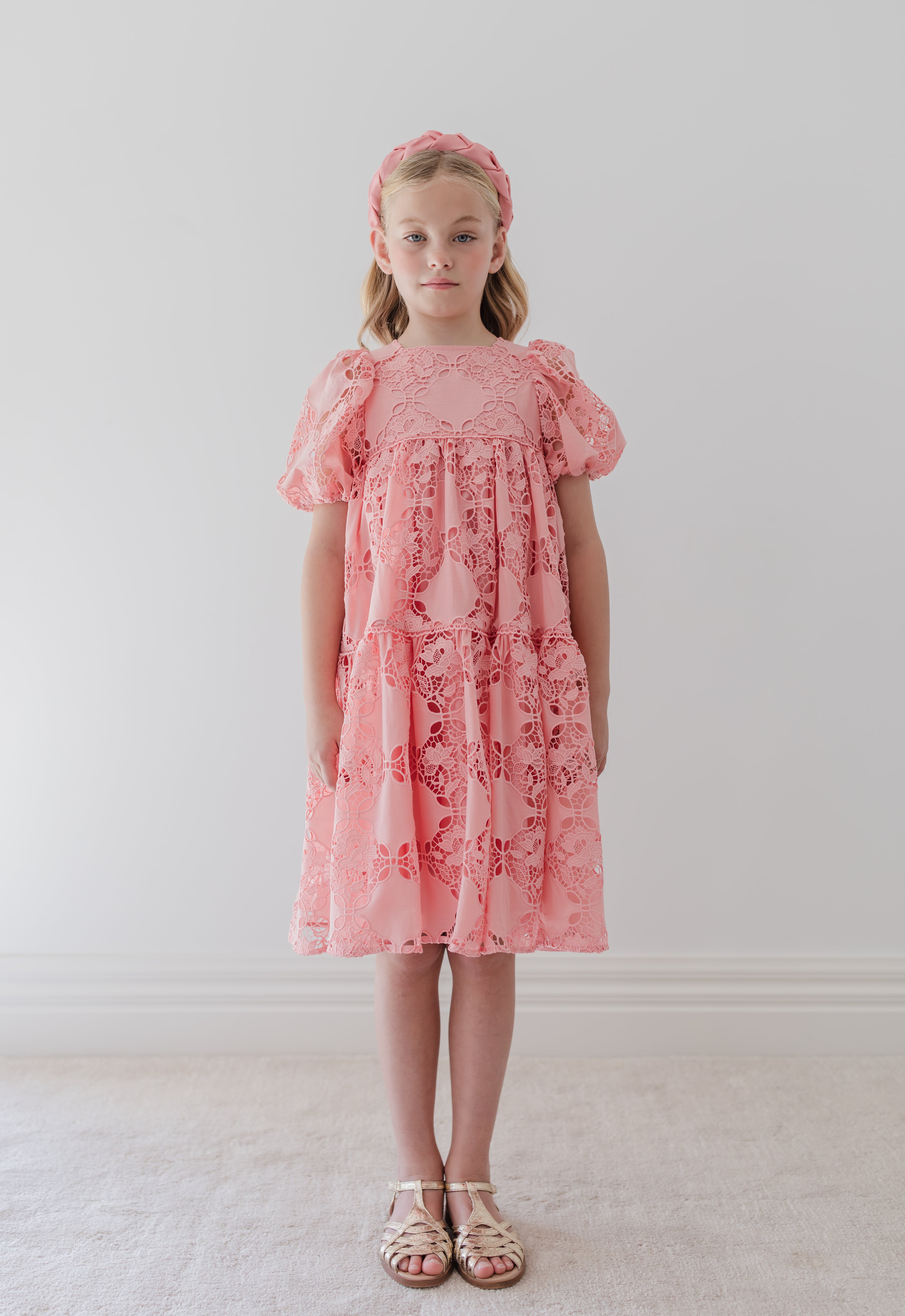 petite amalie pink dress Petite Amalie Pink Embroidered Bow Tulle Cape Dress