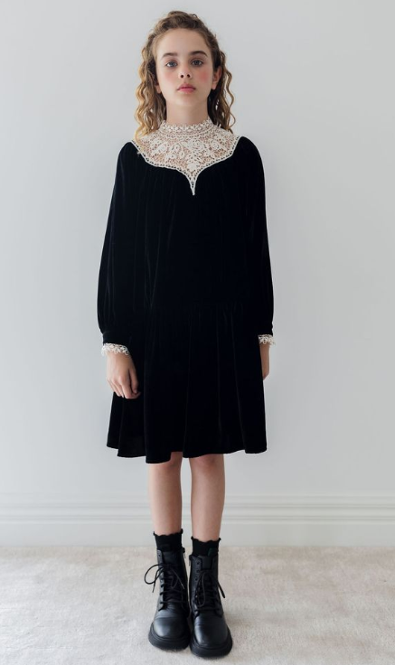 PETITE AMALIE LACE YOKE VELVET DRESS (3-14Y)