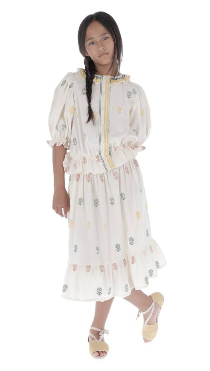 BELLE CHIARA COMBI RUFFLE NECK BLOUSE(10-M)