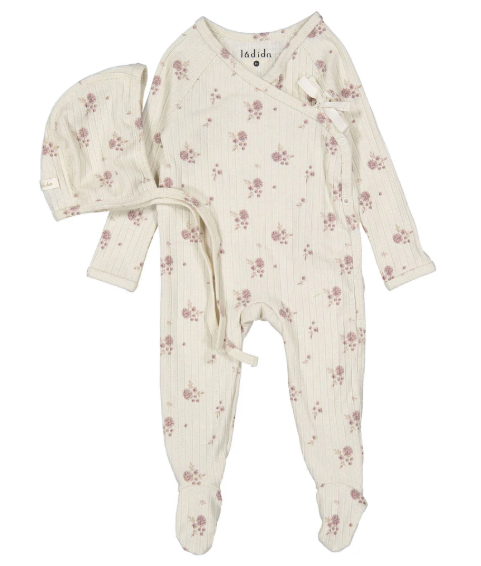 LADIDA BUD PRINT WRAP TIE FOOTIE W/HAT (6M-9M)