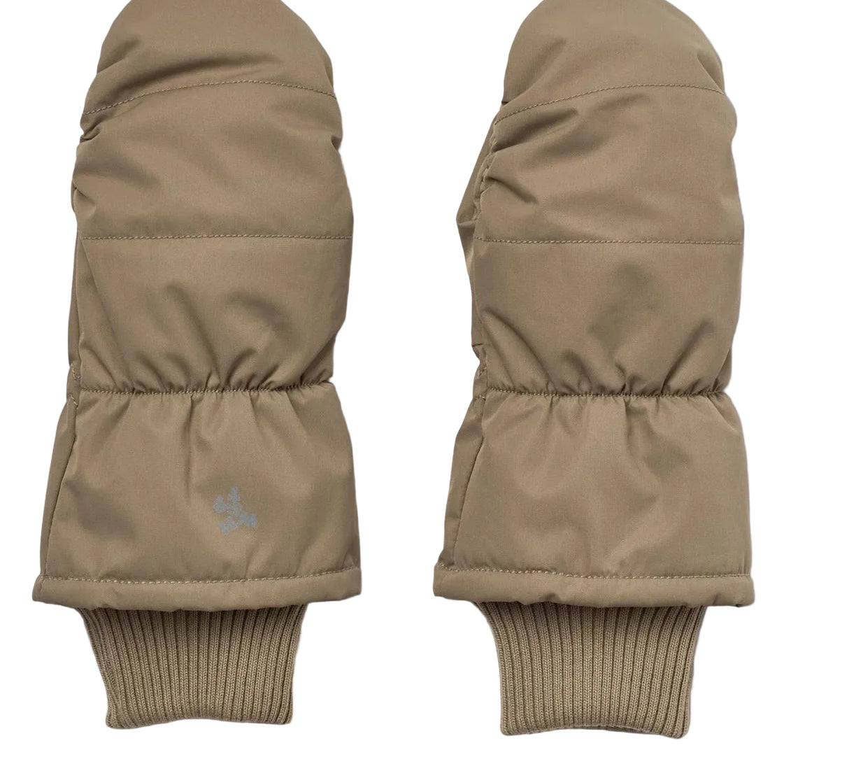A pair of tan quilted winter mittens with ribbed knit cuffs, shown flat against a white background.