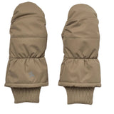 A pair of tan quilted winter mittens with ribbed knit cuffs, shown flat against a white background.