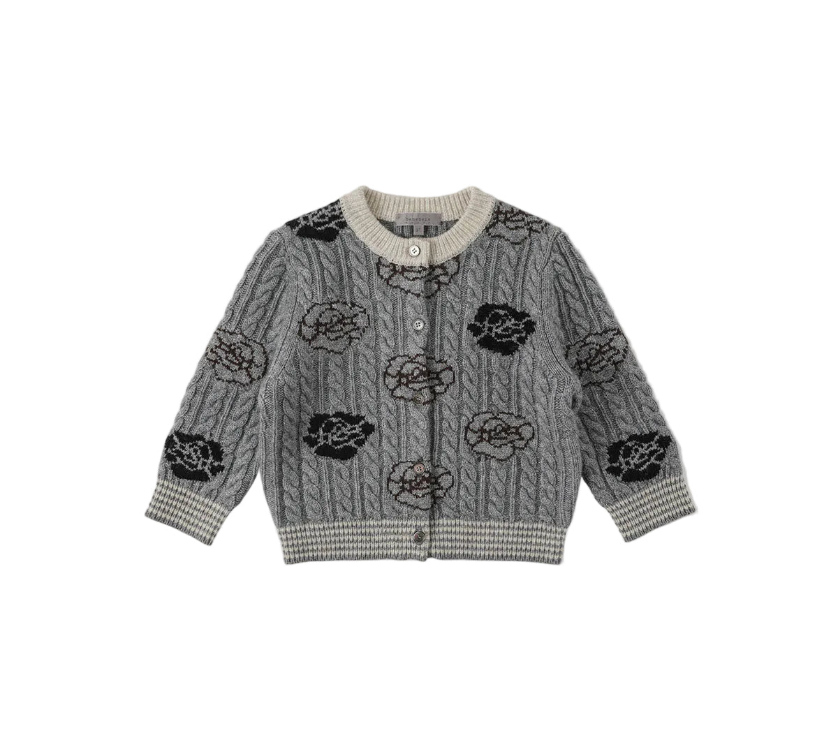 A gray cable-knit cardigan sweater with black embroidered floral and circular patterns, featuring a cream ribbed collar, cuffs, and hem, displayed flat against a light gray background.