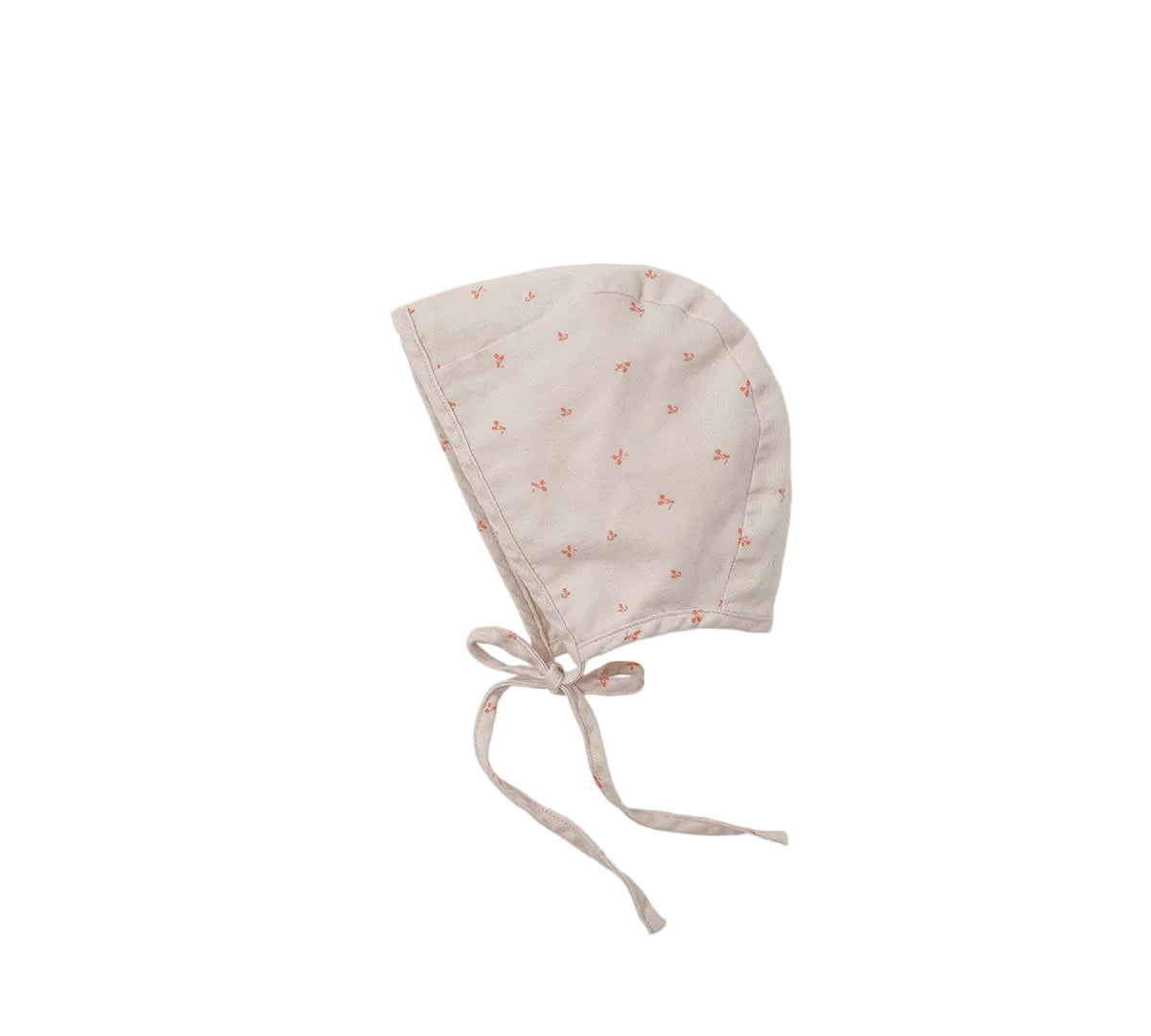 A light beige cotton bonnet with a small orange floral pattern and adjustable drawstrings, shown flat on a light gray background.