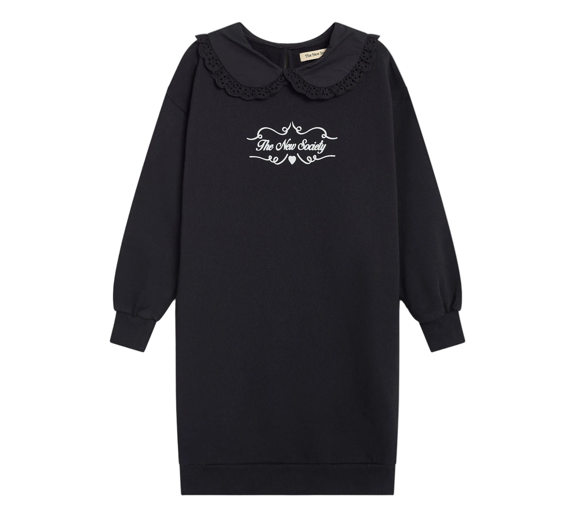 A black long-sleeve sweatshirt dress with a Peter Pan collar, featuring a white graphic print on the chest that reads 'Be the Child' with a heart and stars, shown against a plain white background.