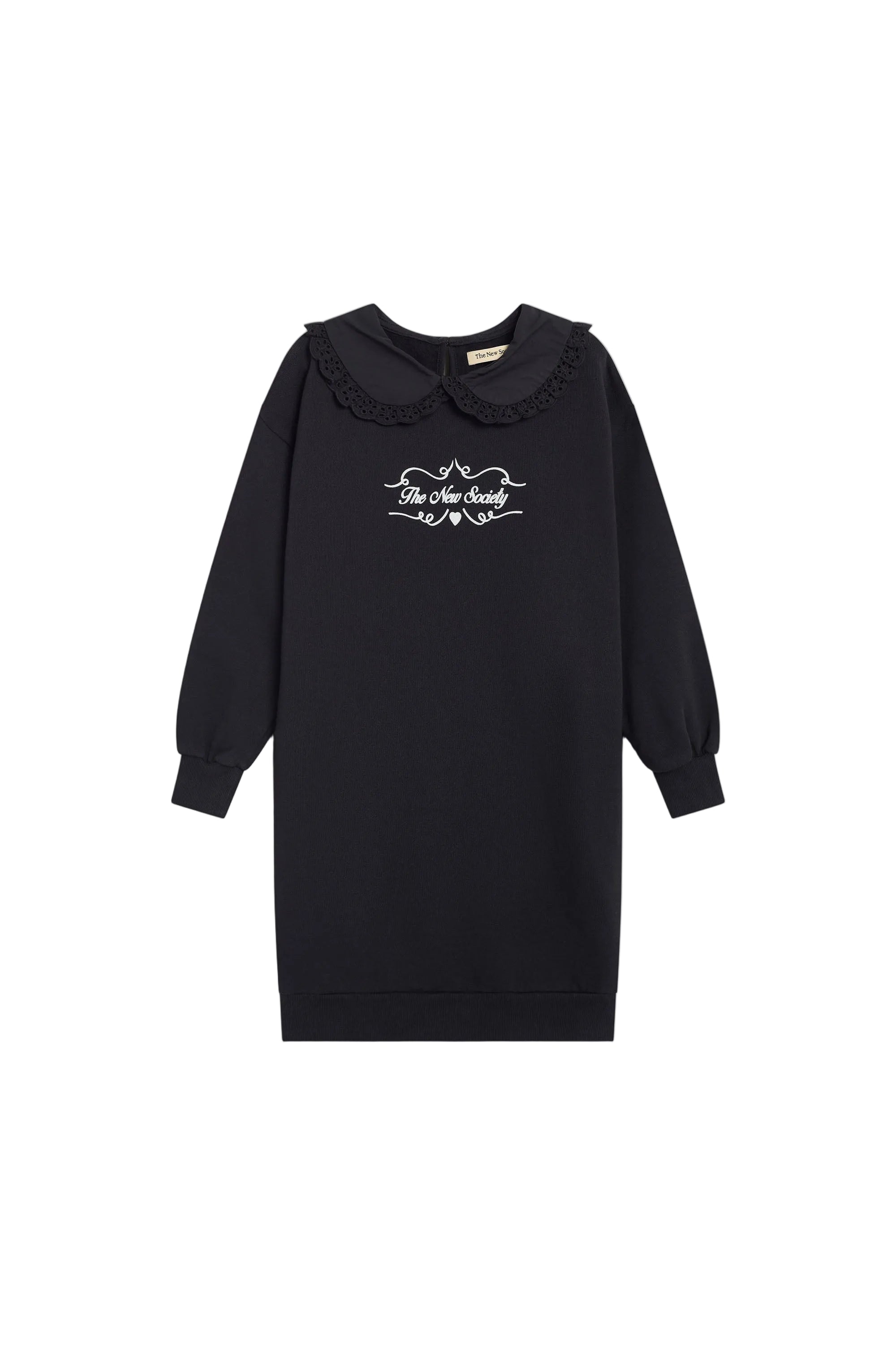 A black long-sleeve sweatshirt dress with a Peter Pan collar, featuring a white graphic print on the chest that reads 'Be the Child' with a heart and stars, shown against a plain white background.