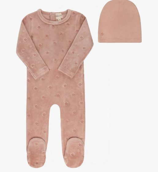 ELY & CO VELOUR EMB FLORAL FOOTIE W/BEANIE(3M-9M)