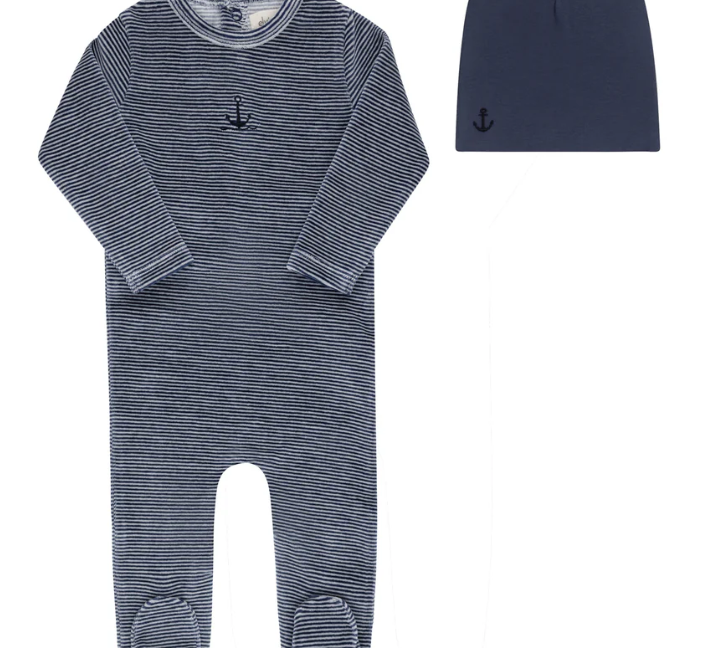 ELY & CO VELOUR STRIPE FOOTIE W/BONNET (3M-9M)