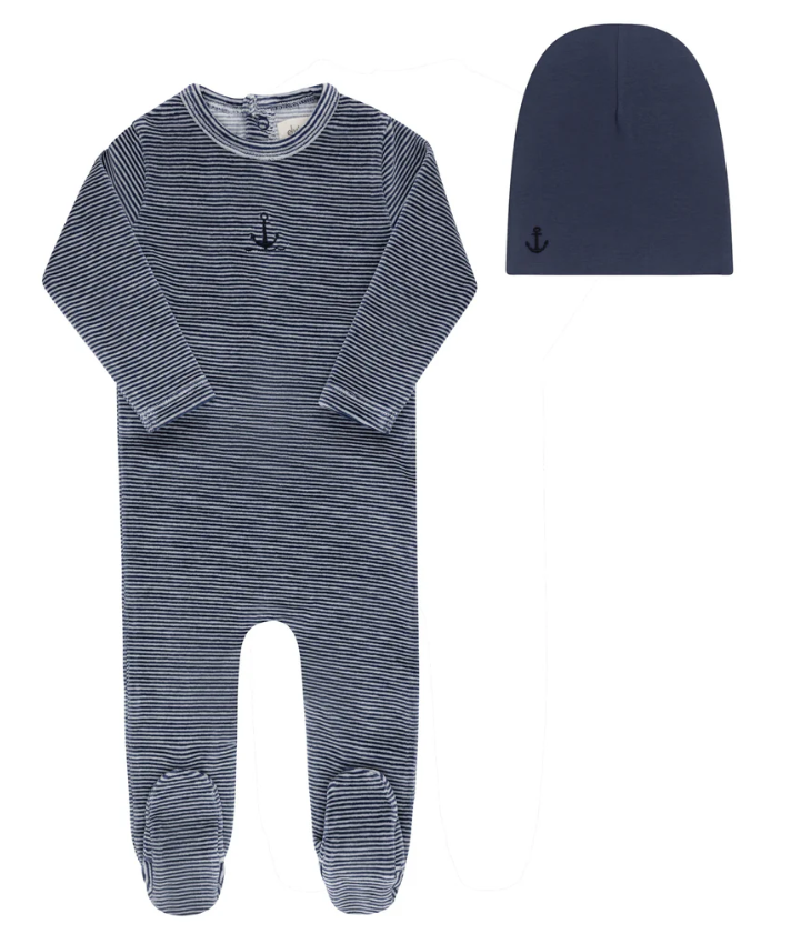 ELY & CO VELOUR STRIPE FOOTIE W/BONNET (3M-9M)