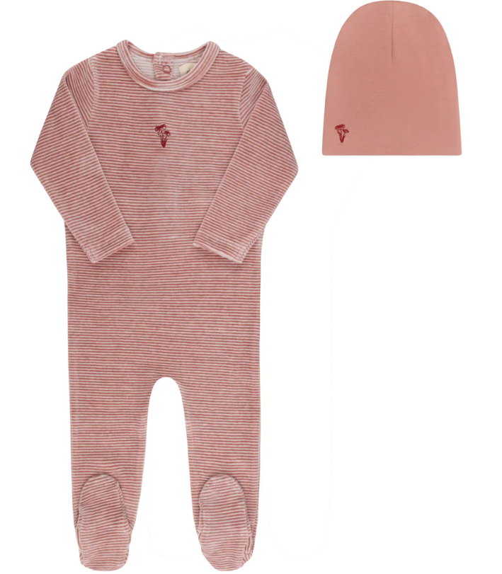 ELY & CO VELOUR STRIPE FOOTIE W/BONNET (3M-9M)