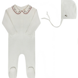 ELY & CO FLORAL EMB COLLAR FOOTIE W/BONNET (1M-9M)