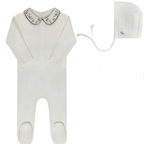 ELY & CO FLORAL EMB COLLAR FOOTIE W/BONNET (1M-9M)