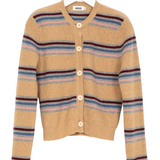 Beige cardigan with multicolor stripes on a hanger against a white background