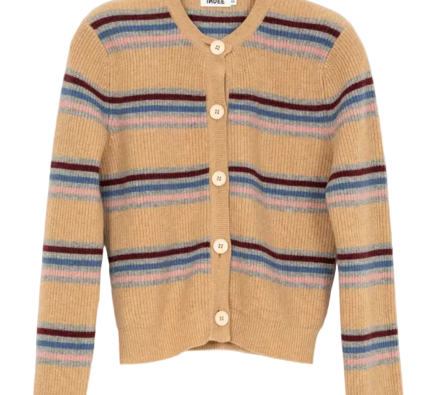Beige cardigan with multicolor stripes on a hanger against a white background