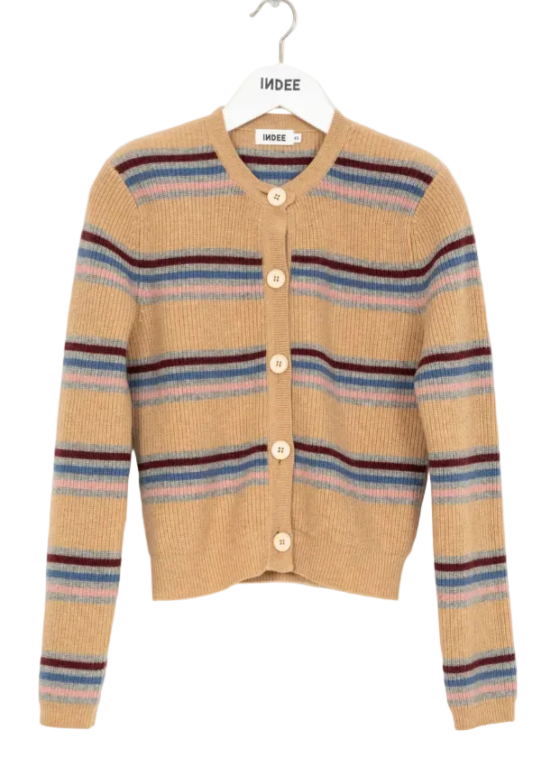Beige cardigan with multicolor stripes on a hanger against a white background