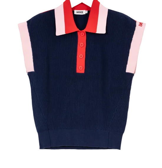 Navy blue sleeveless sweater vest with red collar and pink sleeves on a white background