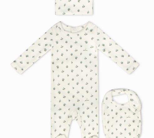LITTLE PARNI FLORAL FOOTIE BEANIE & BIB (3M-18M)