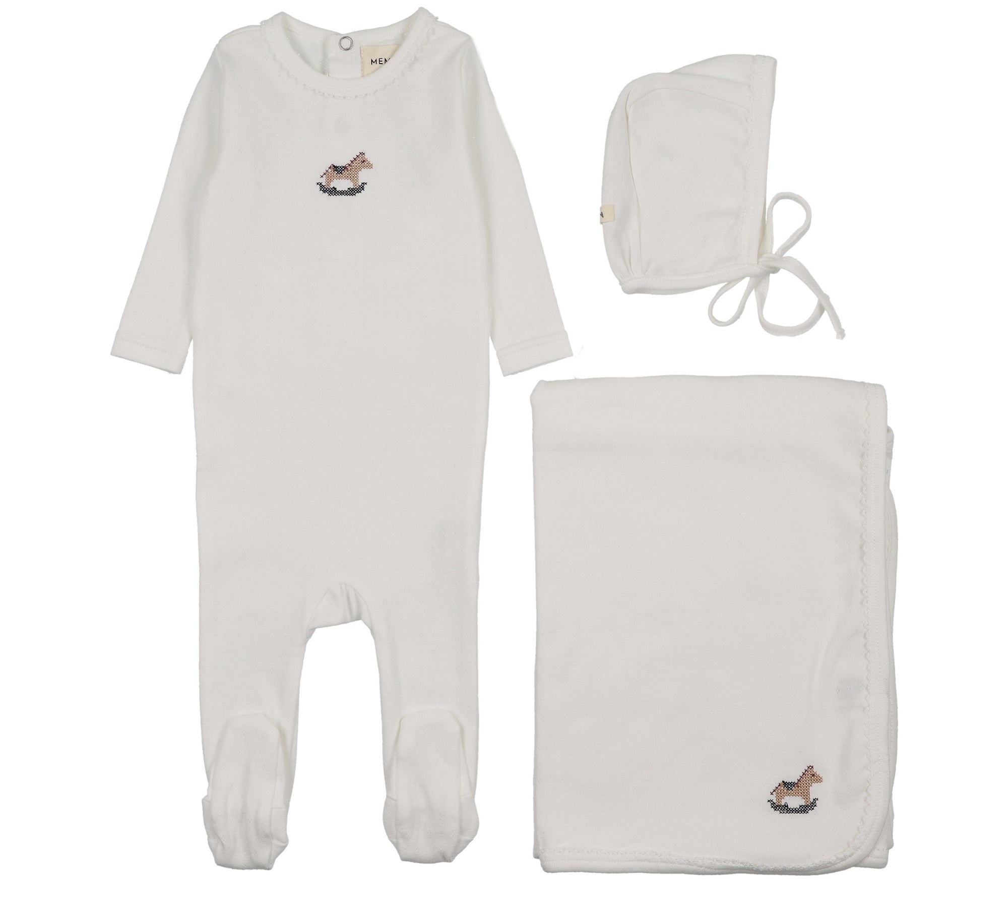 MEMA KNITS POINTELLE EMB HORSE ROCKER 3PC SET(3M-6M)