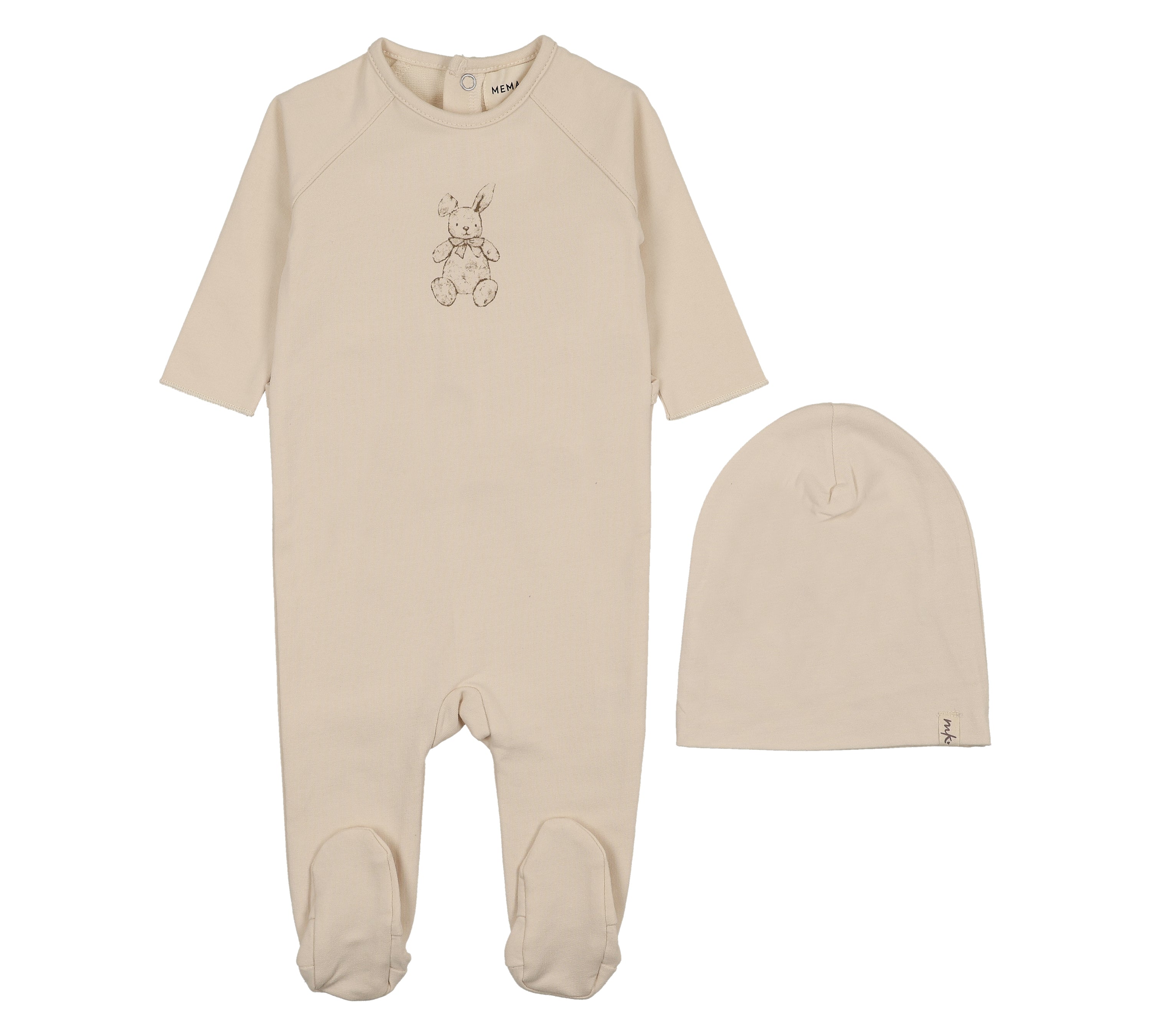MEMA KNITS VINTAGE BUNNY PRINT FOOTIE & BEANIE (9M-12M)
