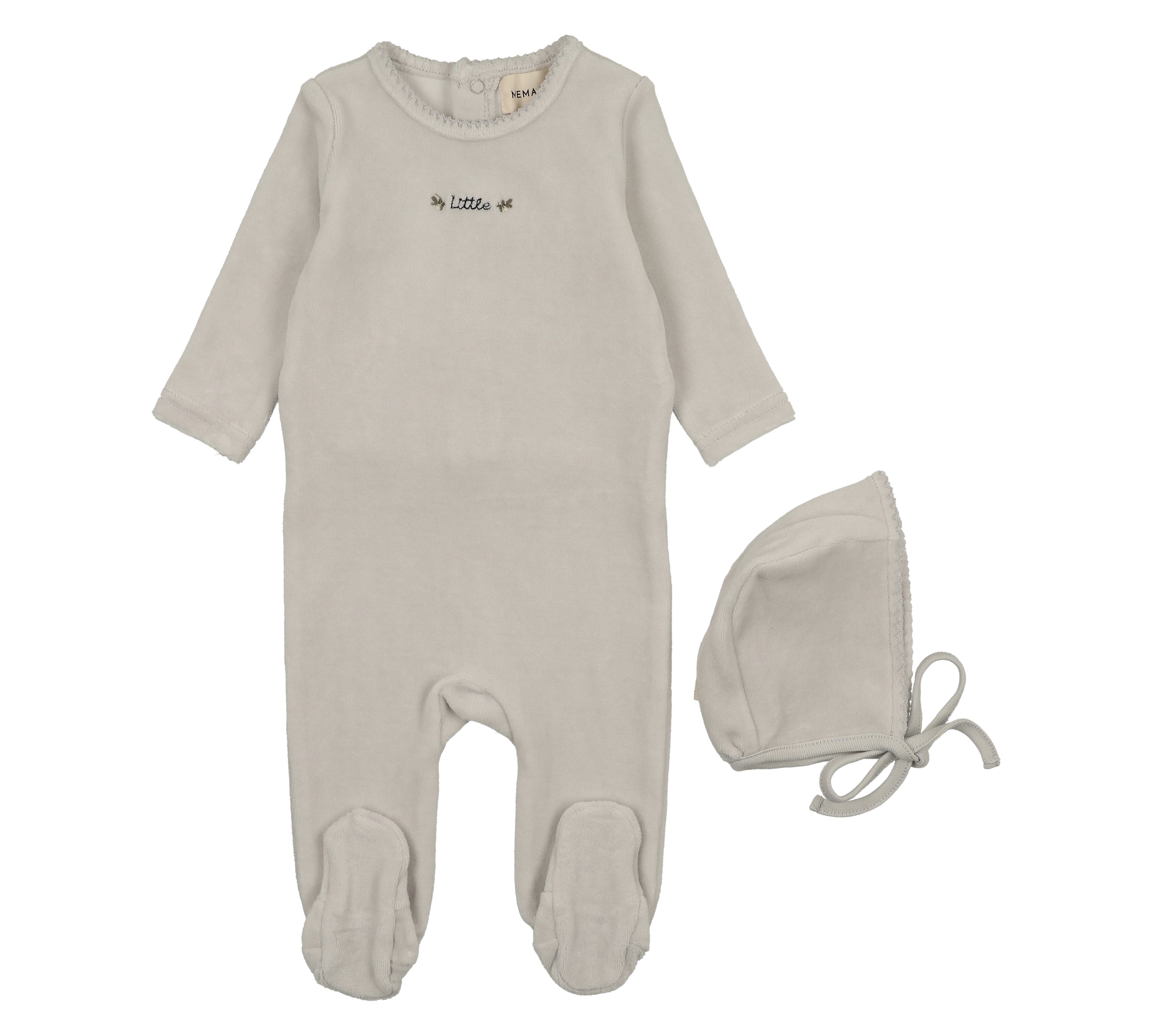 MEMA KNITS VELOUR FOOTIE W/EMBROIDERY & BONNET (3M-9M)