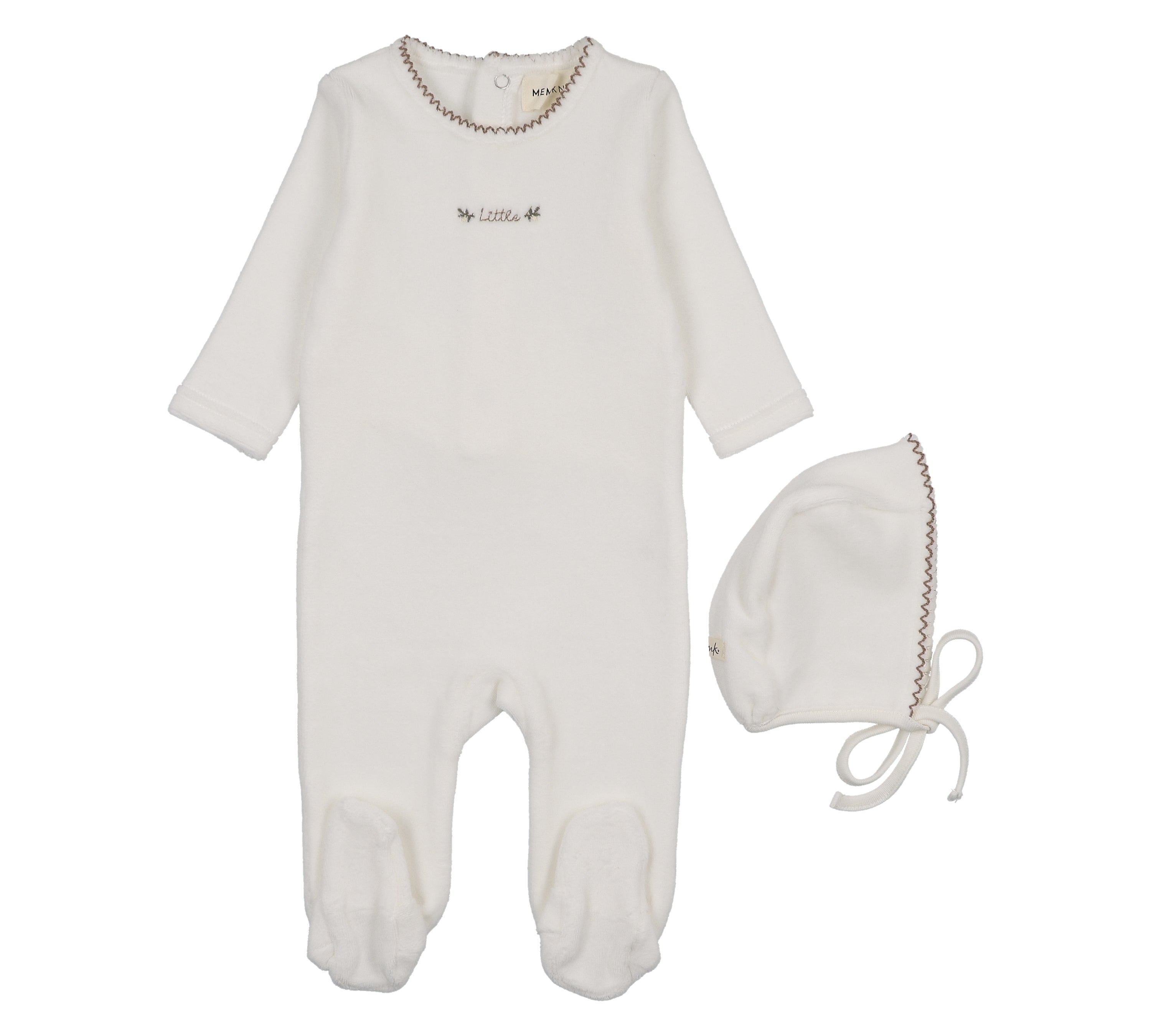 MEMA KNITS VELOUR FOOTIE W/EMBROIDERY & BONNET (3M-9M)