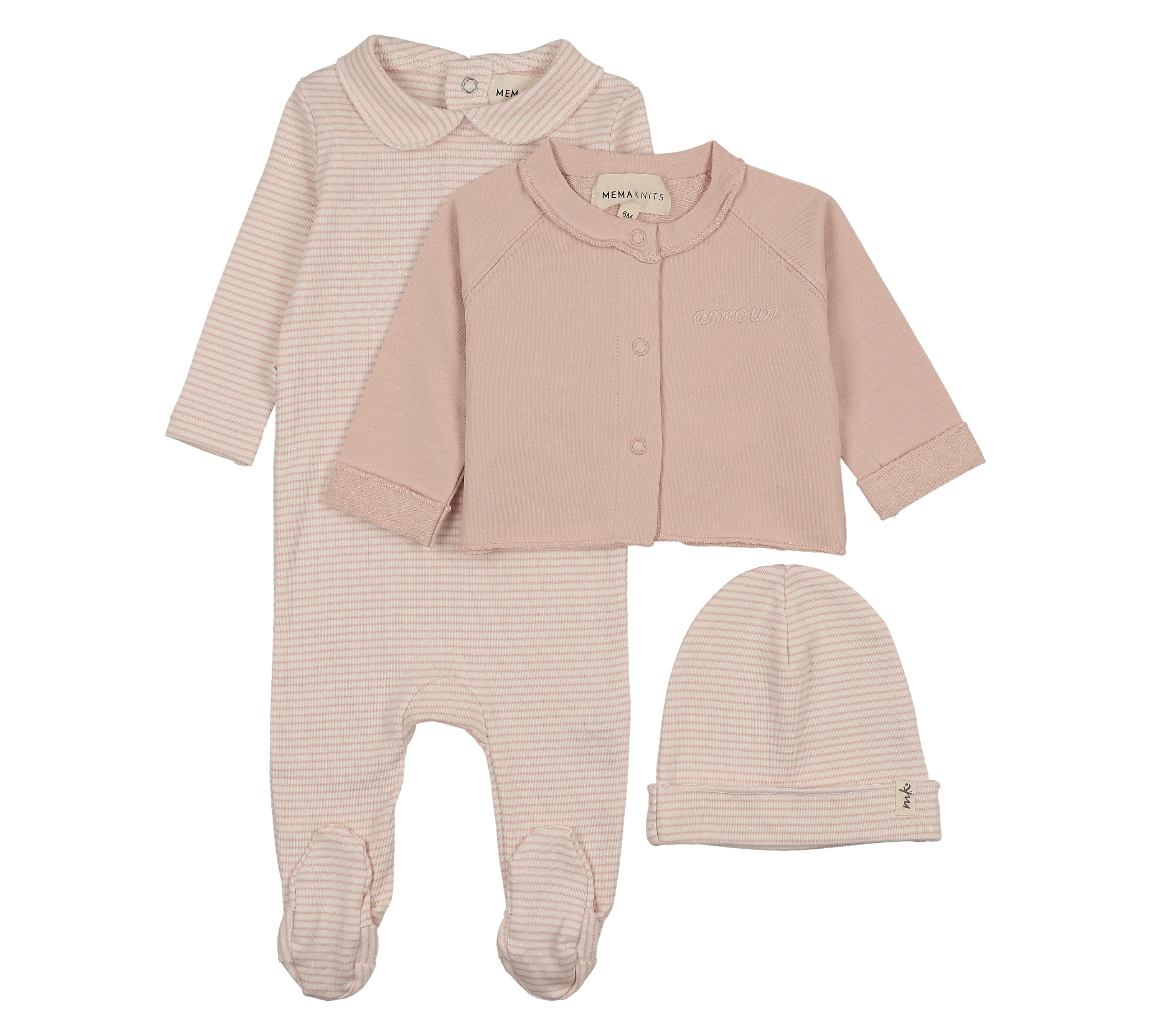 MEMA KNITS COLLARED FOOTIE W/CARDIGAN & BEANIE (6M-18M)