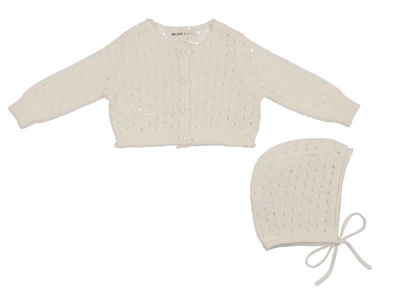 MEMA KNITS POINTELLE KNIT CARDI W/BONNET (3M-18M)