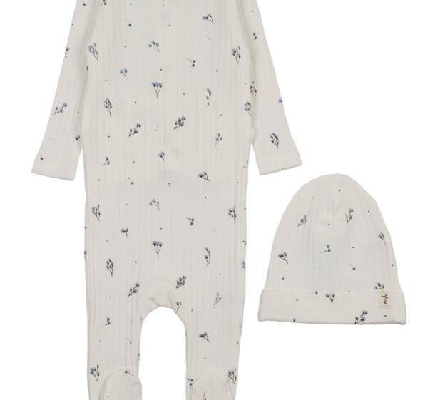 MEMA KNITS RIB FLORAL FOOTIE & BEANIE (3M-9M)