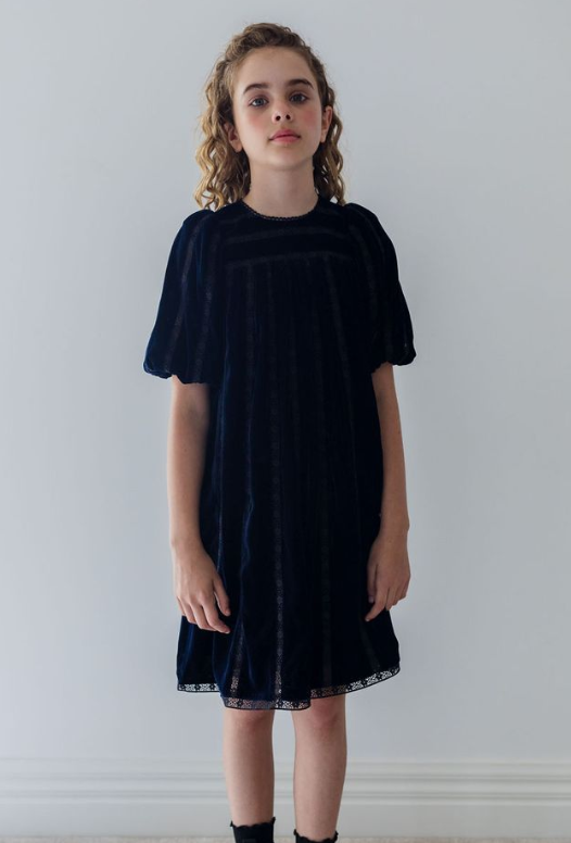 PETITE AMALIE VERTICAL LACE VELVET DRESS(3-14Y) 4Y / NAVY/BLACK