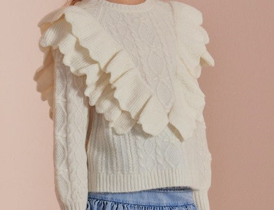 STEPH RUFFLE FRONT CABLE KNIT SWEATER(12-16Y)