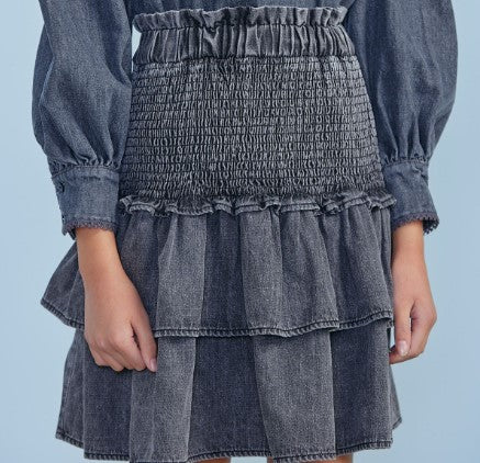 STEPH CHAMBRAY SHIRRED TIEREDSKIRT(12-18Y)