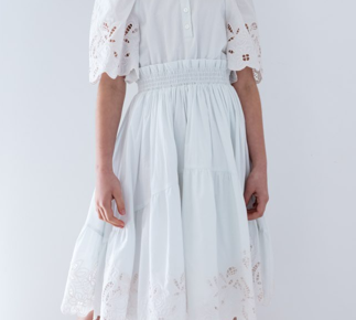 petite amalie pink cream shirred waist dress Scalloped shirred lace-trimmed cotton dress in pink - Petite Amalie