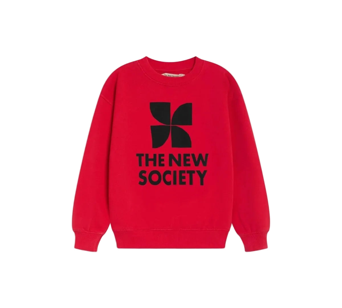 A bright red crewneck sweatshirt featuring a black geometric logo and the text 'THE NEW SOCIETY' printed on the chest, displayed against a clean white background.