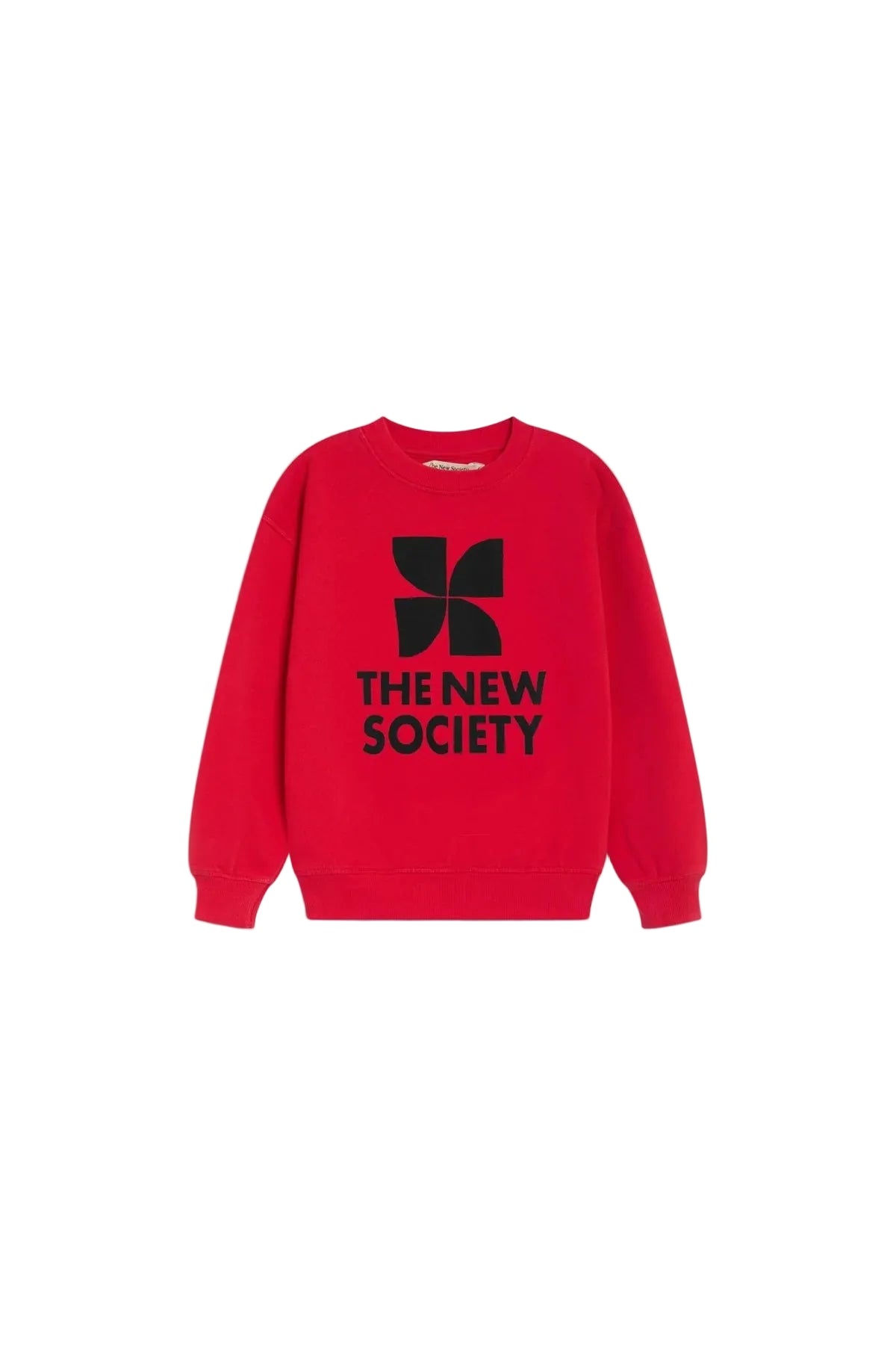 A bright red crewneck sweatshirt featuring a black geometric logo and the text 'THE NEW SOCIETY' printed on the chest, displayed against a clean white background.